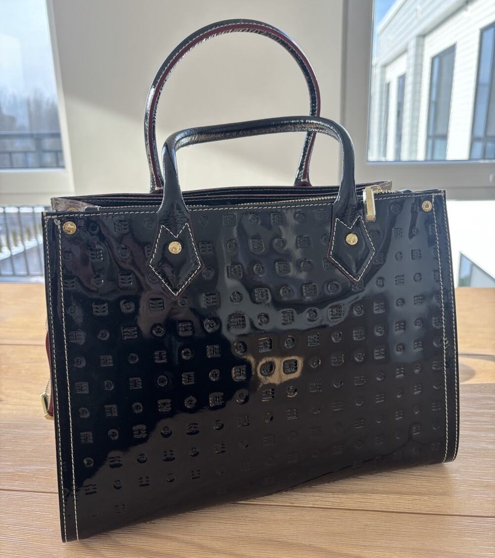 NEW Arcadia Italian Satchel Black Genuine Patent Leather & Python Accents